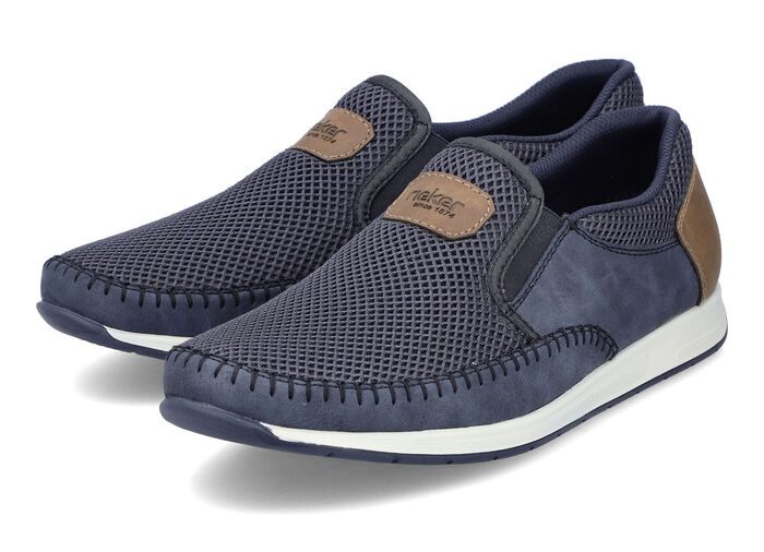 Rieker, sommerliche Herren-Slipper, mit Gummizug BLAU-BRAUN